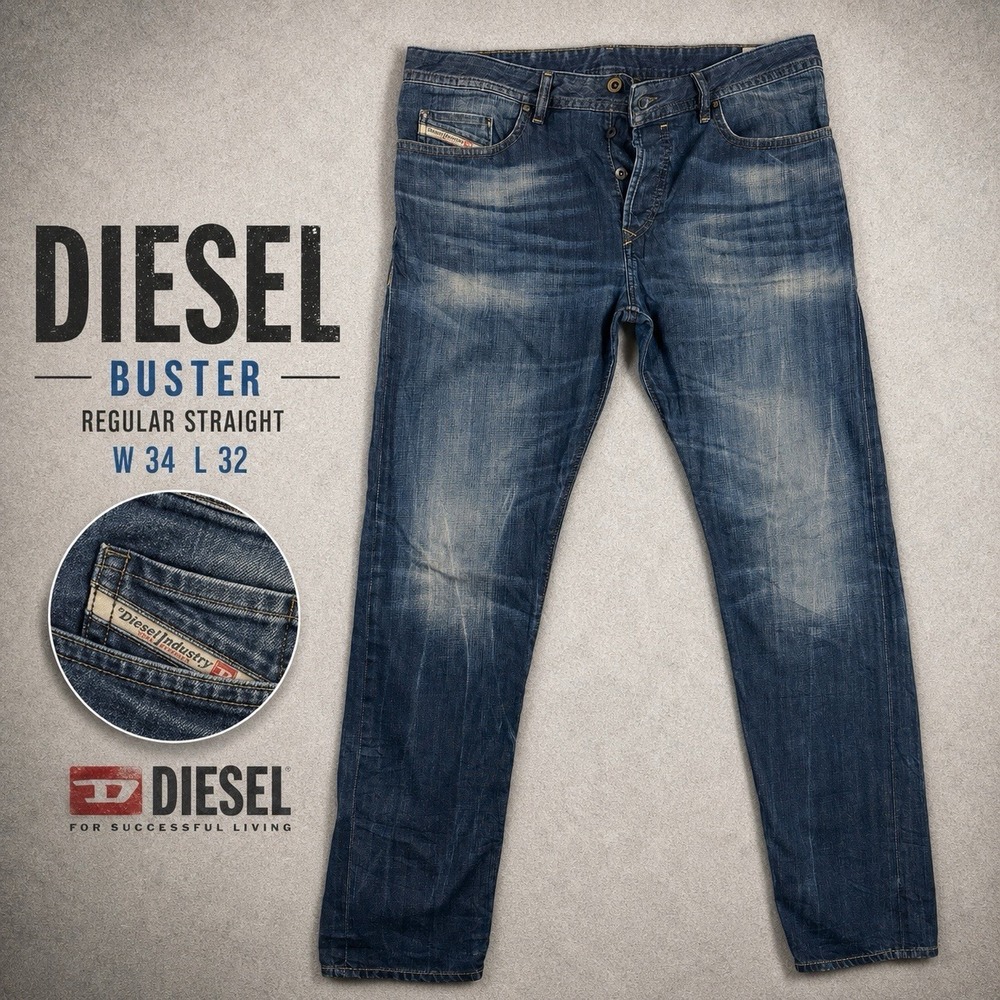 Diesel BUSTER Regular Slim Tapered Jeans Mens 34x32 Blue Medium Wash Denim 0831Q